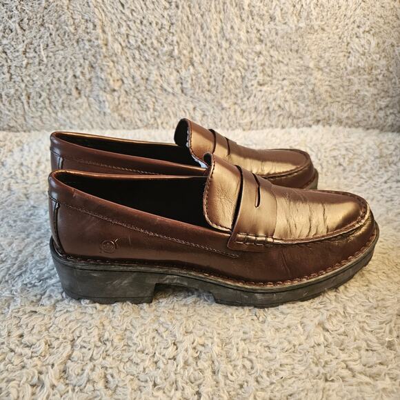 NEW Born‎ Carrera Penny Loafers Womens 8.5 Burgundy Brown Leather Lug Sole Shoes - Picture 4 of 9